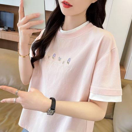 BY20631# 短袖恤女夏装短袖薄款流苏绣宽松小个子假两件上衣 服裝批發女裝批發服飾貨源