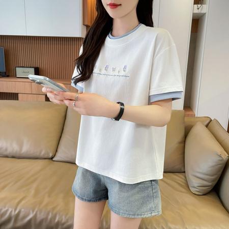 BY20631# 短袖恤女夏装短袖薄款流苏绣宽松小个子假两件上衣 服裝批發女裝批發服飾貨源