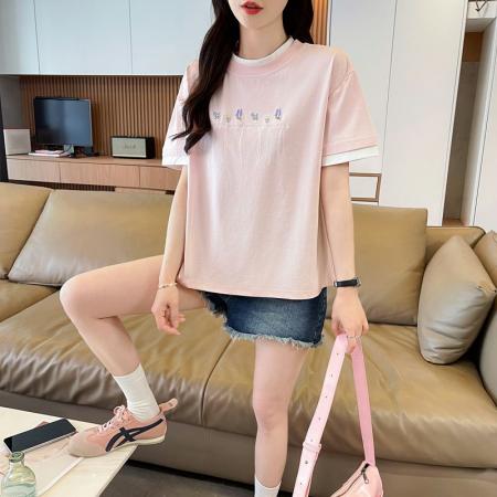 BY20631# 短袖恤女夏装短袖薄款流苏绣宽松小个子假两件上衣 服裝批發女裝批發服飾貨源