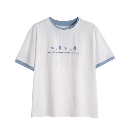 BY20631# 短袖恤女夏装短袖薄款流苏绣宽松小个子假两件上衣 服裝批發女裝批發服飾貨源