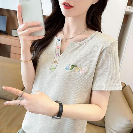 BY20632# 韩版短袖t恤女新款绣花彩色钮上衣 服裝批發女裝批發服飾貨源
