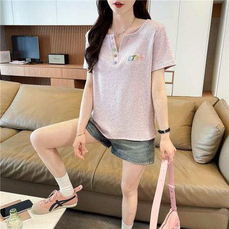 BY20632# 韩版短袖t恤女新款绣花彩色钮上衣 服裝批發女裝批發服飾貨源