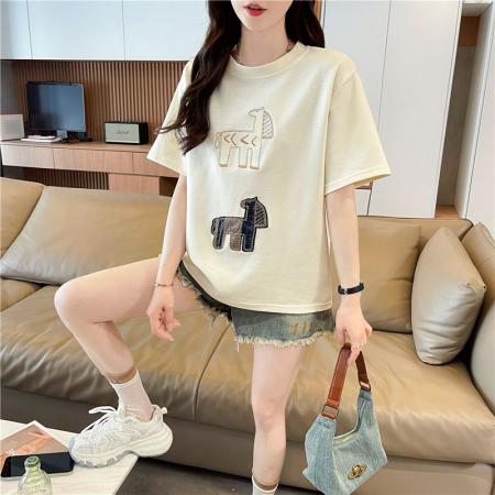 BY20635# 韩版圆领短袖t恤女新款贴布刺绣上衣女 服裝批發女裝批發服飾貨源