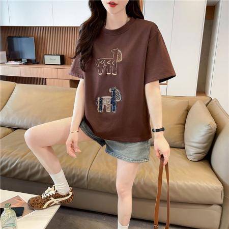 BY20635# 韩版圆领短袖t恤女新款贴布刺绣上衣女 服裝批發女裝批發服飾貨源