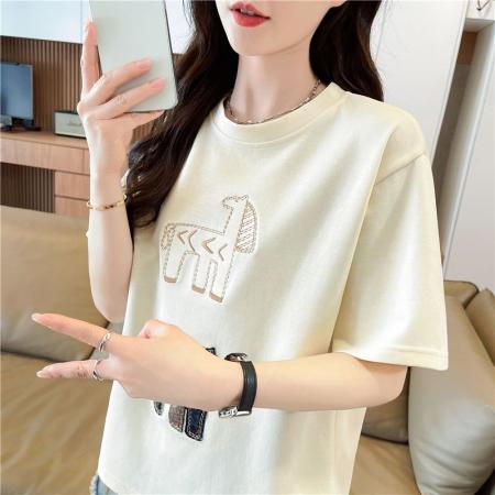 BY20635# 韩版圆领短袖t恤女新款贴布刺绣上衣女 服裝批發女裝批發服飾貨源