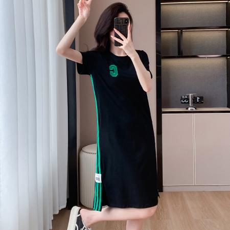 BY20639# 韩版洋气过膝显瘦连衣裙夏撞色刺绣宽松减龄大码中长款t恤裙 服裝批發女裝批發服飾貨源
