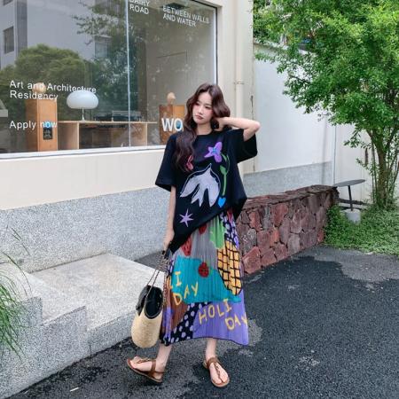 BY20644# 艺术生印花短袖T恤百褶半身裙套装女夏季减龄独特漂亮一整套穿搭 服裝批發女裝批發服飾貨源