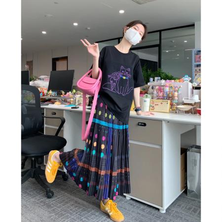 BY20645# 一整套韩系松弛感小猫印花宽松短袖t恤上衣波点半身裙度假风套装 服裝批發女裝批發服飾貨源