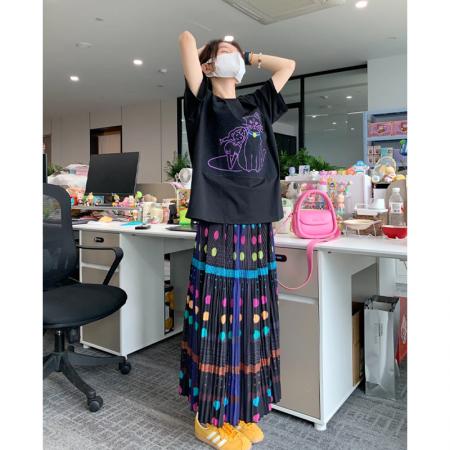 BY20645# 一整套韩系松弛感小猫印花宽松短袖t恤上衣波点半身裙度假风套装 服裝批發女裝批發服飾貨源