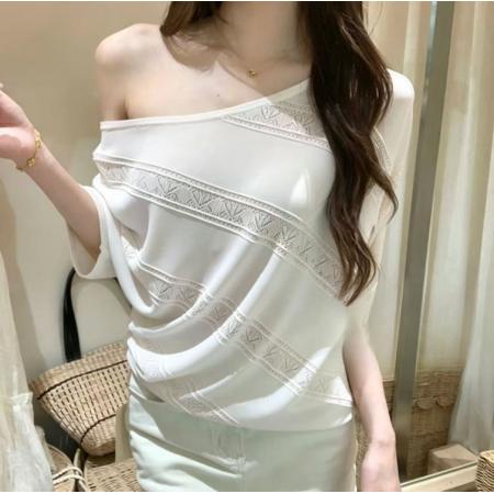 胖MM设计感时尚镂空宽松百搭针织短袖女夏季新款气质百搭上衣 服裝批發女裝批發服飾貨源