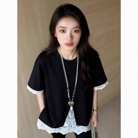 BY20650# 时尚大码胖MM蕾丝拼接开叉撞色短袖T恤女夏季宽松显瘦休闲上衣 服裝批發女裝批發服飾貨源