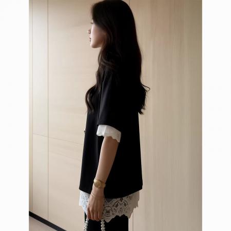 BY20650# 时尚大码胖MM蕾丝拼接开叉撞色短袖T恤女夏季宽松显瘦休闲上衣 服裝批發女裝批發服飾貨源