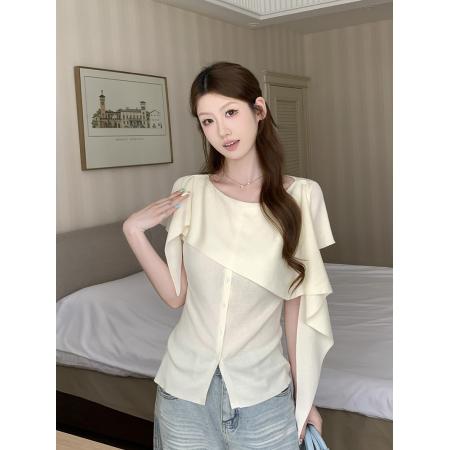 BY20654# 针织斜肩不对称收腰T恤女夏季新款单排扣短袖显瘦上衣 服裝批發女裝批發服飾貨源