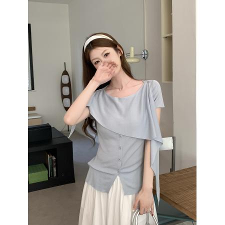 BY20654# 针织斜肩不对称收腰T恤女夏季新款单排扣短袖显瘦上衣 服裝批發女裝批發服飾貨源