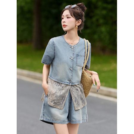 小个子牛仔蕾丝拼接套装女夏时尚减龄休闲显瘦短袖短裤两件套 服裝批發女裝批發服飾貨源