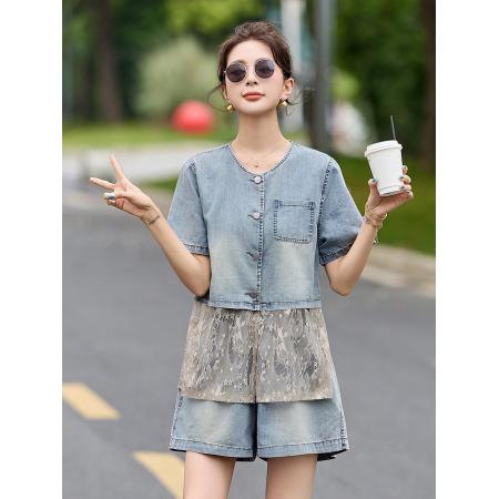 BY20659# 小个子牛仔蕾丝拼接套装女夏时尚减龄休闲显瘦短袖短裤两件套 服裝批發女裝批發服飾貨源
