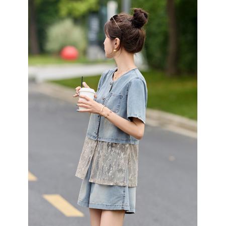 BY20659# 小个子牛仔蕾丝拼接套装女夏时尚减龄休闲显瘦短袖短裤两件套 服裝批發女裝批發服飾貨源