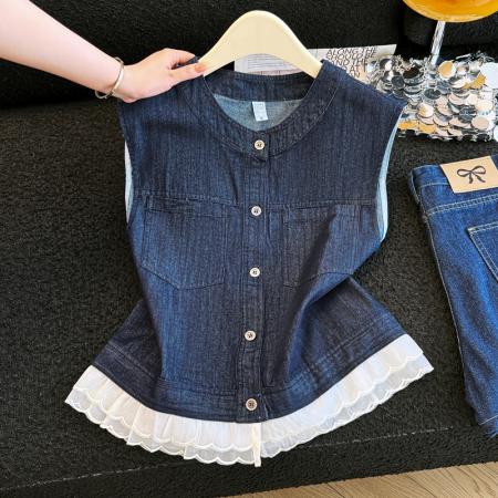韩国夏季新款下摆木耳边网纱拼接坎肩无袖外套牛仔马甲女 服裝批發女裝批發服飾貨源
