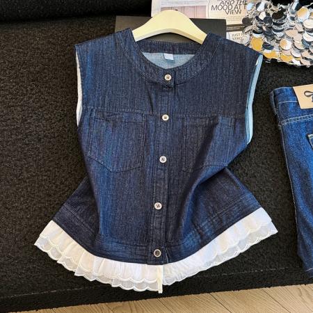 BY20661# 韩国夏季新款下摆木耳边网纱拼接坎肩无袖外套牛仔马甲女 服裝批發女裝批發服飾貨源