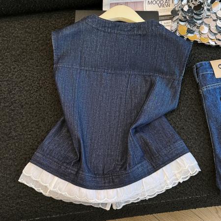 BY20661# 韩国夏季新款下摆木耳边网纱拼接坎肩无袖外套牛仔马甲女 服裝批發女裝批發服飾貨源