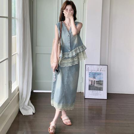 BY20663# 蕾丝花边牛仔时尚套装女夏季新款韩系V领马甲半身裙两件套 服裝批發女裝批發服飾貨源