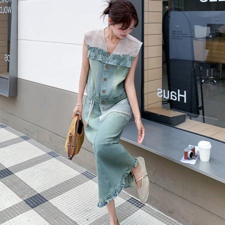 蓝色名媛风蕾丝拼接牛仔马甲套装女新款夏日包臀半身裙两件套 服裝批發女裝批發服飾貨源