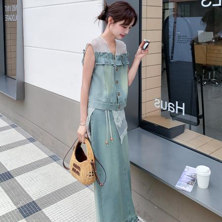 BY20664# 蓝色名媛风蕾丝拼接牛仔马甲套装女新款夏日包臀半身裙两件套 服裝批發女裝批發服飾貨源