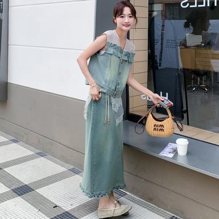 BY20664# 蓝色名媛风蕾丝拼接牛仔马甲套装女新款夏日包臀半身裙两件套 服裝批發女裝批發服飾貨源