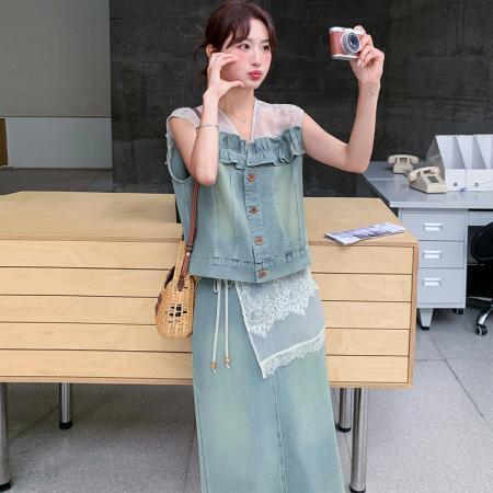 BY20664# 蓝色名媛风蕾丝拼接牛仔马甲套装女新款夏日包臀半身裙两件套 服裝批發女裝批發服飾貨源