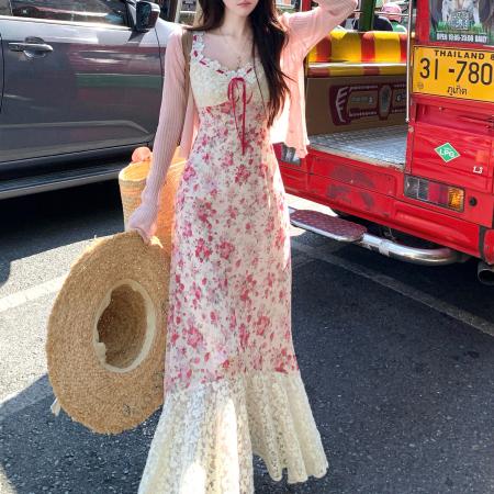 BY20669# 法式粉色碎花吊带连衣裙子女夏季新款海边度假收腰显瘦鱼尾裙 服裝批發女裝批發服飾貨源