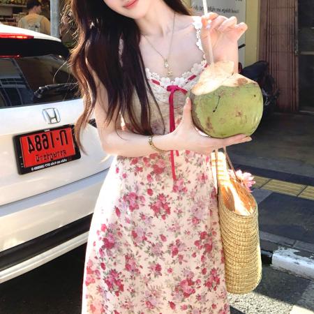 BY20669# 法式粉色碎花吊带连衣裙子女夏季新款海边度假收腰显瘦鱼尾裙 服裝批發女裝批發服飾貨源