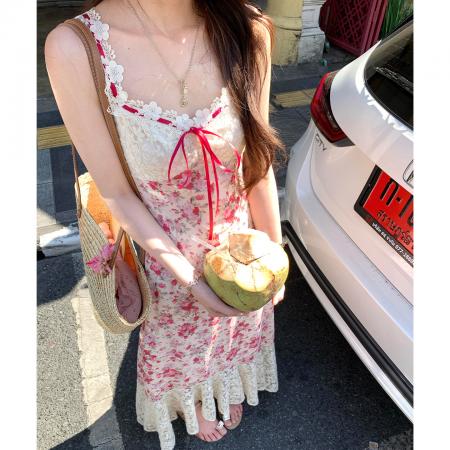 BY20669# 法式粉色碎花吊带连衣裙子女夏季新款海边度假收腰显瘦鱼尾裙 服裝批發女裝批發服飾貨源