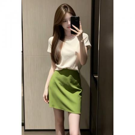 夏天穿搭一整套新款白色短袖T恤女夏季绿色a字半身裙两件套装 服裝批發女裝批發服飾貨源