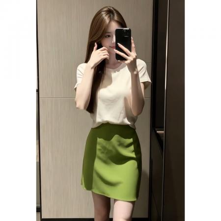 BY20670# 夏天穿搭一整套新款白色短袖T恤女夏季绿色a字半身裙两件套装 服裝批發女裝批發服飾貨源