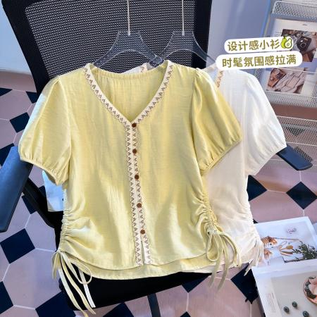 BY20673# 夏季新款法式V领气质棉麻短袖设计感抽绳衬衫 服裝批發女裝批發服飾貨源