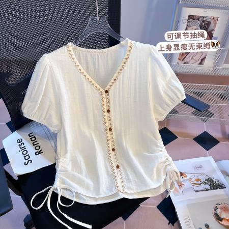 BY20673# 夏季新款法式V领气质棉麻短袖设计感抽绳衬衫 服裝批發女裝批發服飾貨源
