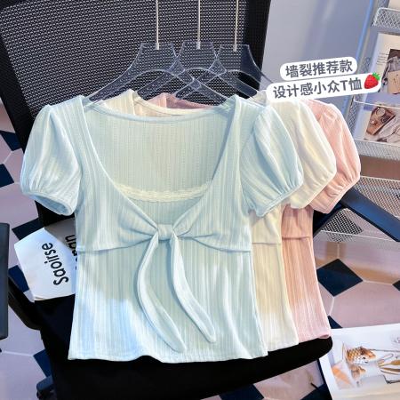 BY20676# 夏少女纯欲风假两件泡泡袖立体蝴蝶结修身显瘦上衣 服裝批發女裝批發服飾貨源