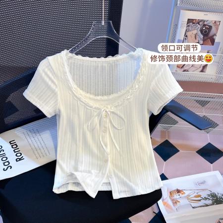 BY20679# 夏少女纯欲风假两件拼接蝴蝶结系带短袖T恤上衣女 服裝批發女裝批發服飾貨源