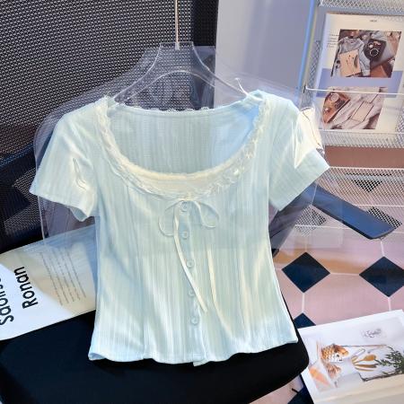BY20679# 夏少女纯欲风假两件拼接蝴蝶结系带短袖T恤上衣女 服裝批發女裝批發服飾貨源