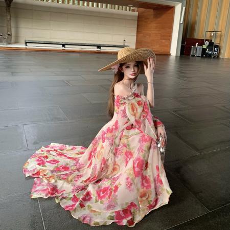 月光花玫瑰方领碎花长袖连衣裙女新款法式度假长裙子 服裝批發女裝批發服飾貨源