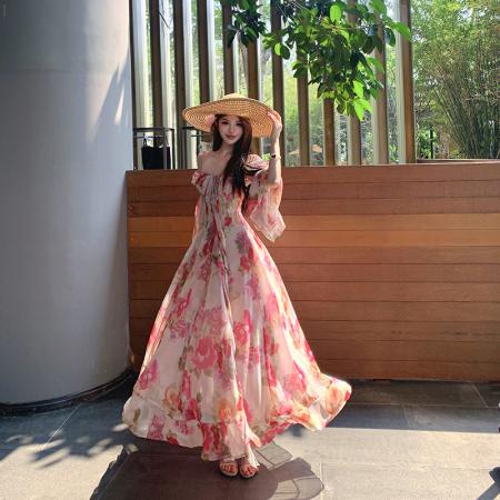 BY20687# 月光花玫瑰方领碎花长袖连衣裙女新款法式度假长裙子 服裝批發女裝批發服飾貨源