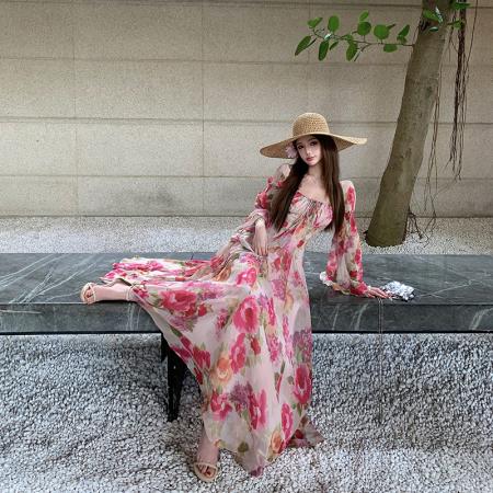 BY20687# 月光花玫瑰方领碎花长袖连衣裙女新款法式度假长裙子 服裝批發女裝批發服飾貨源