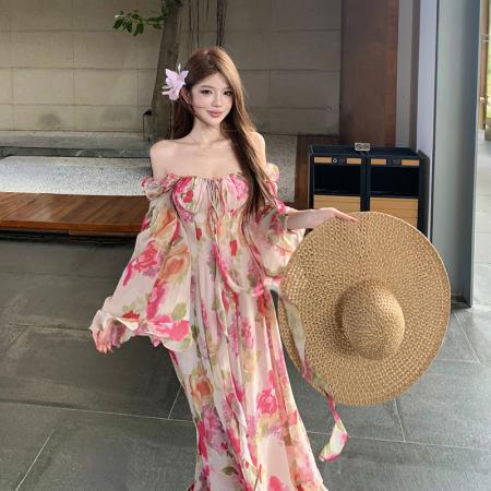 BY20687# 月光花玫瑰方领碎花长袖连衣裙女新款法式度假长裙子 服裝批發女裝批發服飾貨源