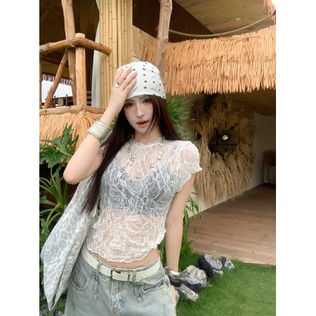 BY20699# 性感辣妹透视镂空蕾丝衫圆领短款露脐T恤薄款上衣 服裝批發女裝批發服飾貨源