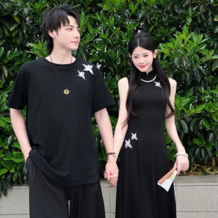 BY20704# 新中式国风改良款女短袖刺绣连衣裙旗袍男T恤衫 服裝批發女裝批發服飾貨源