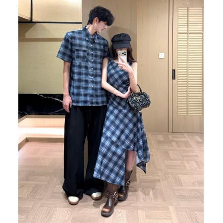 BY20705# 情侣装复古轻薄无袖格纹连衣裙设计感不规则格子长裙女衬衫 服裝批發女裝批發服飾貨源