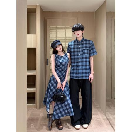 BY20705# 情侣装复古轻薄无袖格纹连衣裙设计感不规则格子长裙女衬衫 服裝批發女裝批發服飾貨源