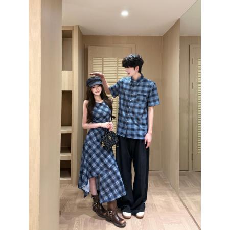 BY20705# 情侣装复古轻薄无袖格纹连衣裙设计感不规则格子长裙女衬衫 服裝批發女裝批發服飾貨源