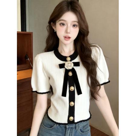 蝴蝶结小香气质短袖针织衫夏季新款女上衣T恤 服裝批發女裝批發服飾貨源