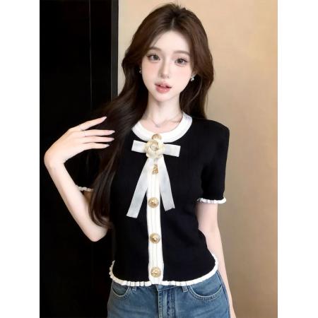 BY20709# 蝴蝶结小香气质短袖针织衫夏季新款女上衣T恤 服裝批發女裝批發服飾貨源